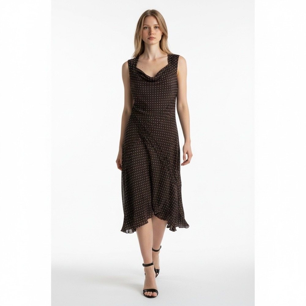 Adrianna Papell Vintage Y2K 100% Silk Polka Dot Midi Dress Brown Lavender 14